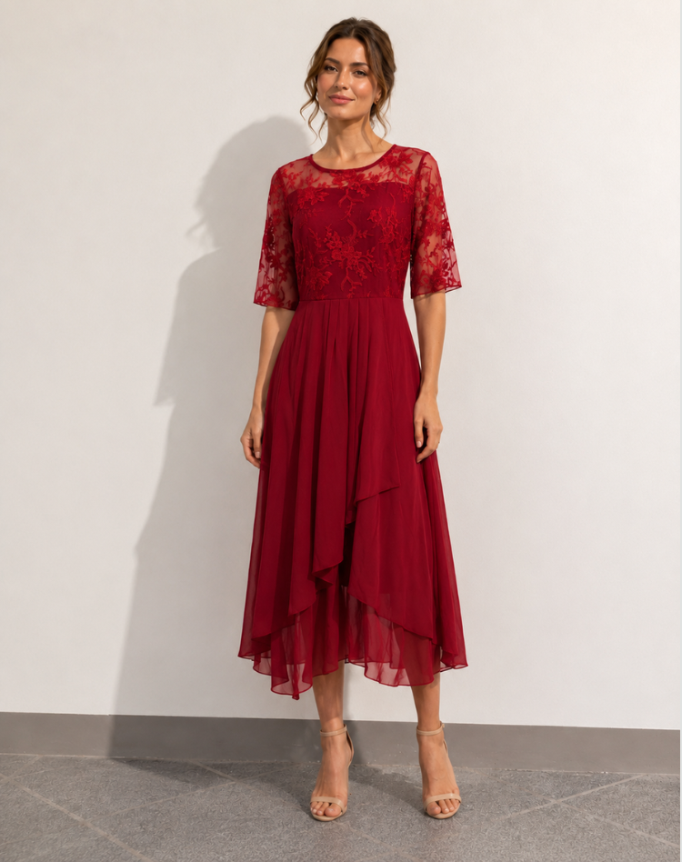 Robe midi élégante femme avec dentelle et coupe fluide confortable