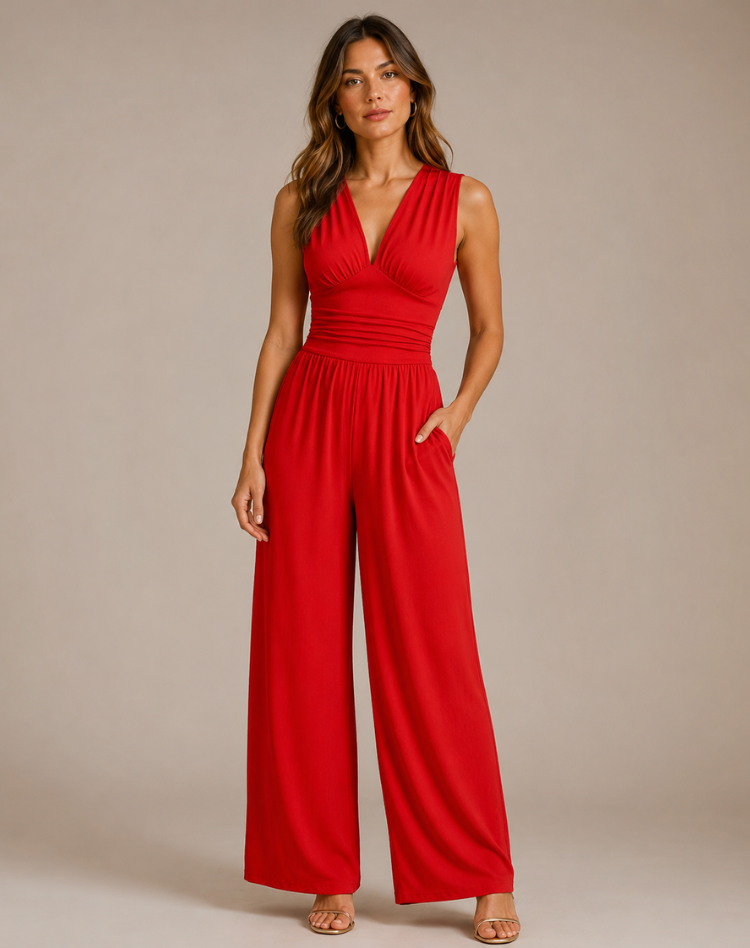 Women's Stylish Jumpsuit with Deep V-Neck and Wide Legs