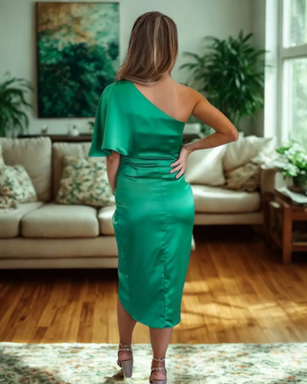 Cocktailjurk Met One Shoulder En Gedrapeerde Midi Rok