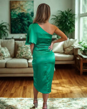 Cocktailjurk Met One Shoulder En Gedrapeerde Midi Rok