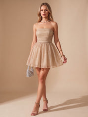 Dames Glamoureuze Glitter Mini Jurk met Strapless Top en Strik