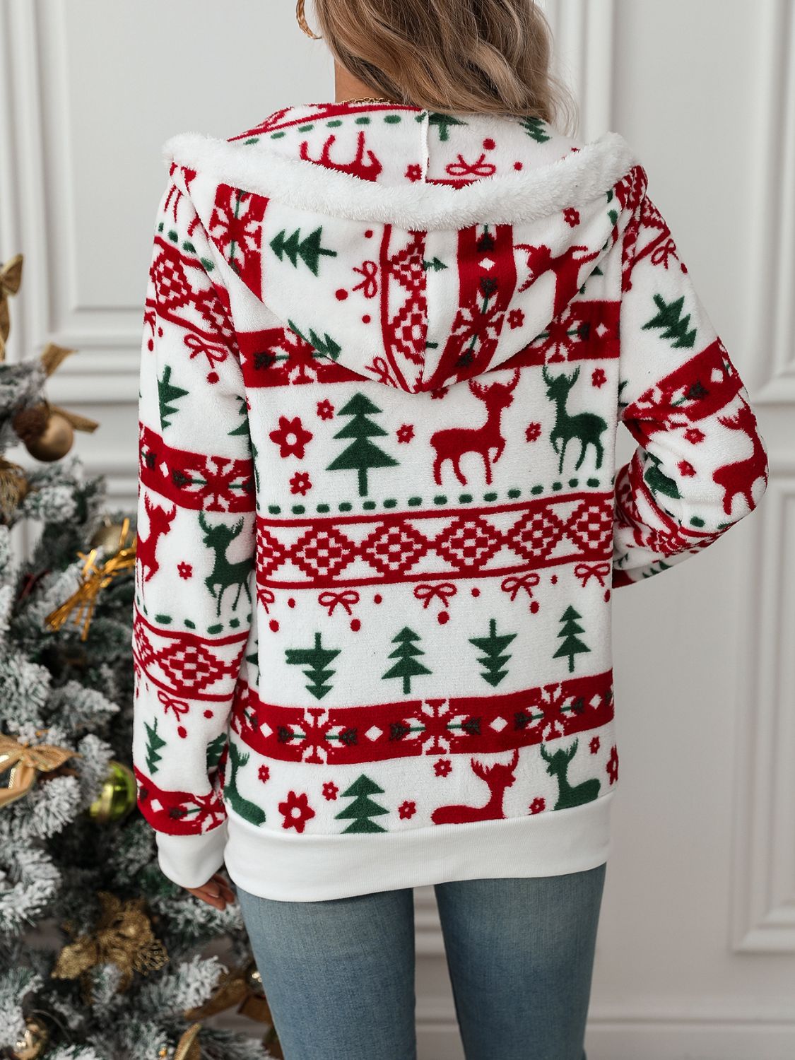 White Christmas Hoodie for Women with Knitted Reindeer Print, Warm