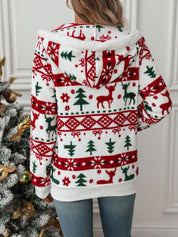 White Christmas Hoodie for Women with Knitted Reindeer Print, Warm