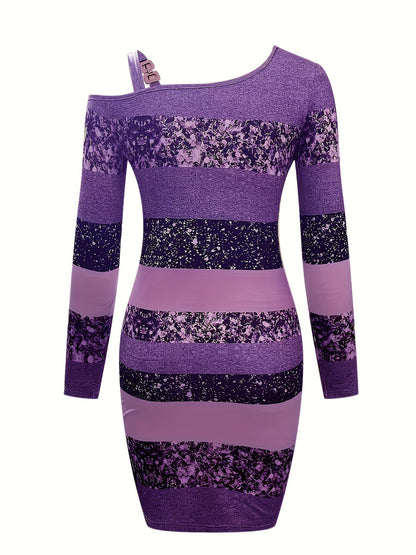 Glitter One-Shoulder Gestreepte Bodycon Mini Jurk Met Schoudergesp