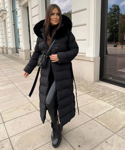 Lange Puffer Winterjas met Capuchon en Bontkraag voor Vrouwen