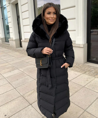 Lange Puffer Winterjas met Capuchon en Bontkraag voor Vrouwen