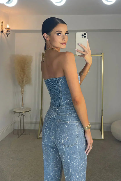 Strapless Glitter Jumpsuit voor Dames Aansluitend en Feestelijk