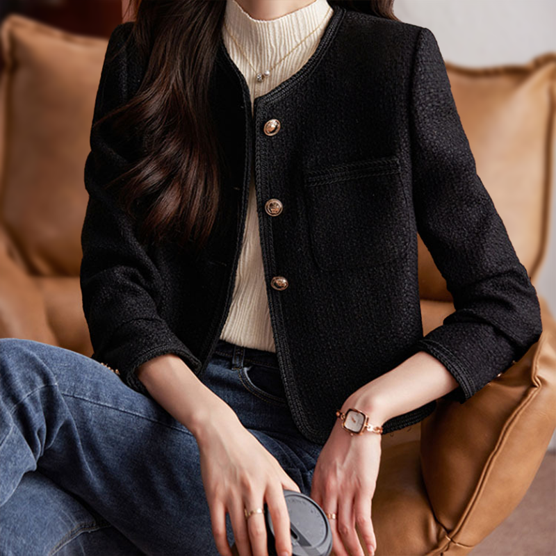 Elegante Korte Tweed Blazer voor Dames met Gouden Knopen