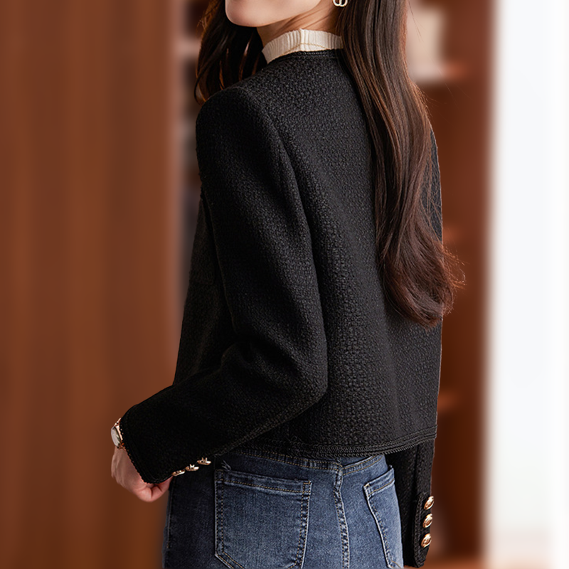 Elegante Korte Tweed Blazer voor Dames met Gouden Knopen
