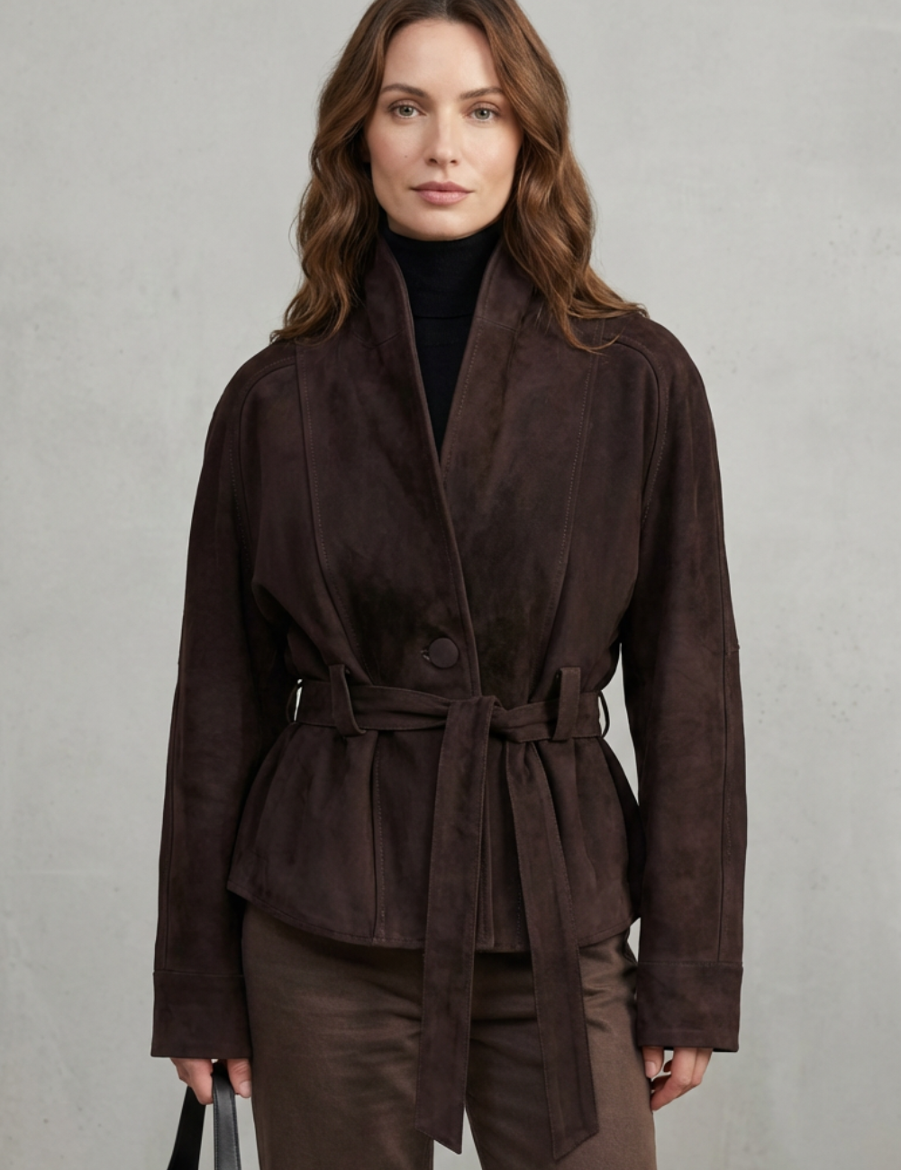Veste courte en laine croisée brun foncé, détail des revers et de la fermeture croisée