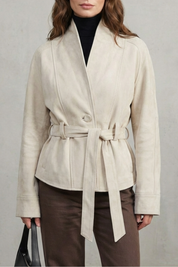 Veste courte en laine croisée beige, vue de face