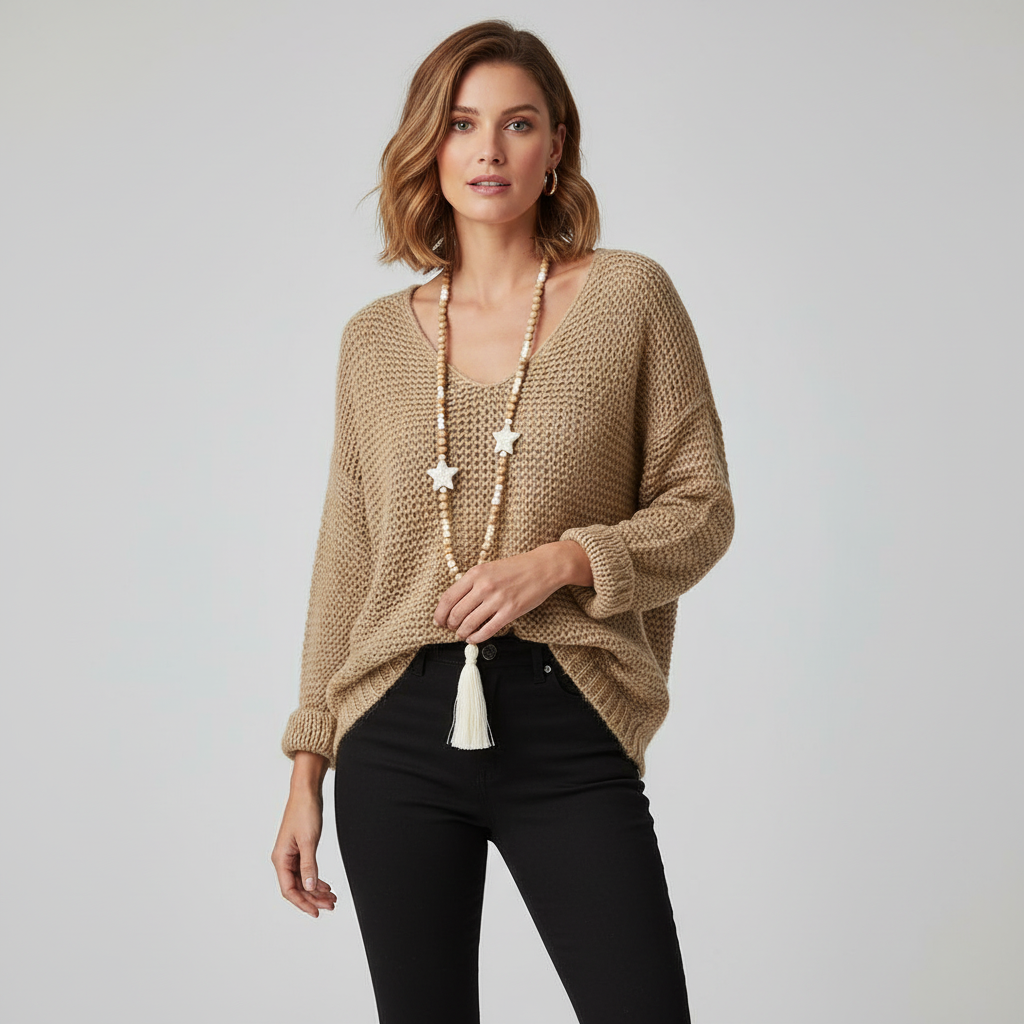 Losvallende Gebreide Damestrui met V-hals en Lange Mouwen