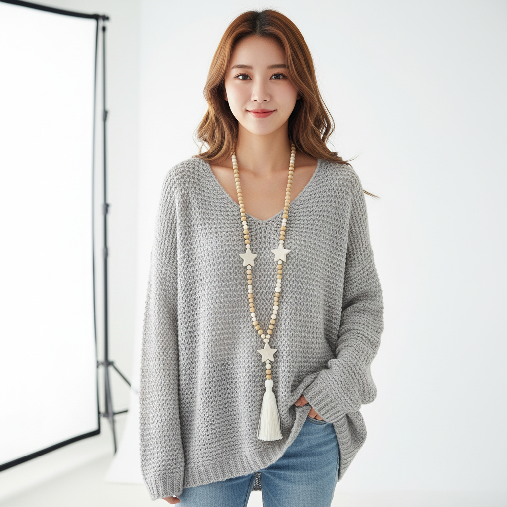 Losvallende Gebreide Damestrui met V-hals en Lange Mouwen