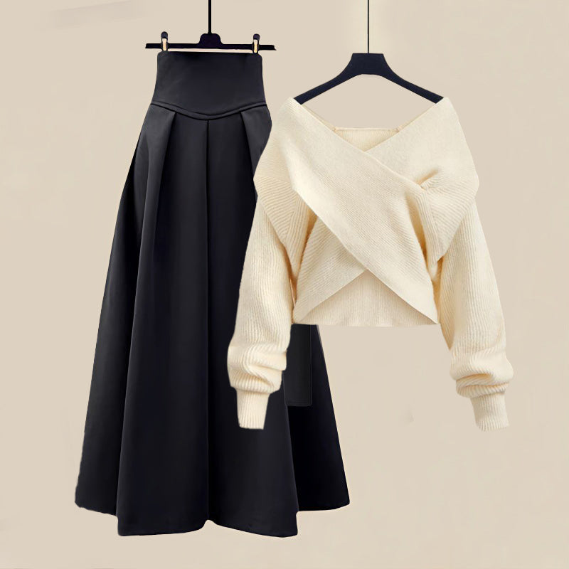 Gebreide Co Ord Set voor Dames met Cropped Trui en Midi Rok