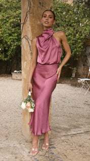 Satin Midi Gala Dress with Halter Neck and Open Back