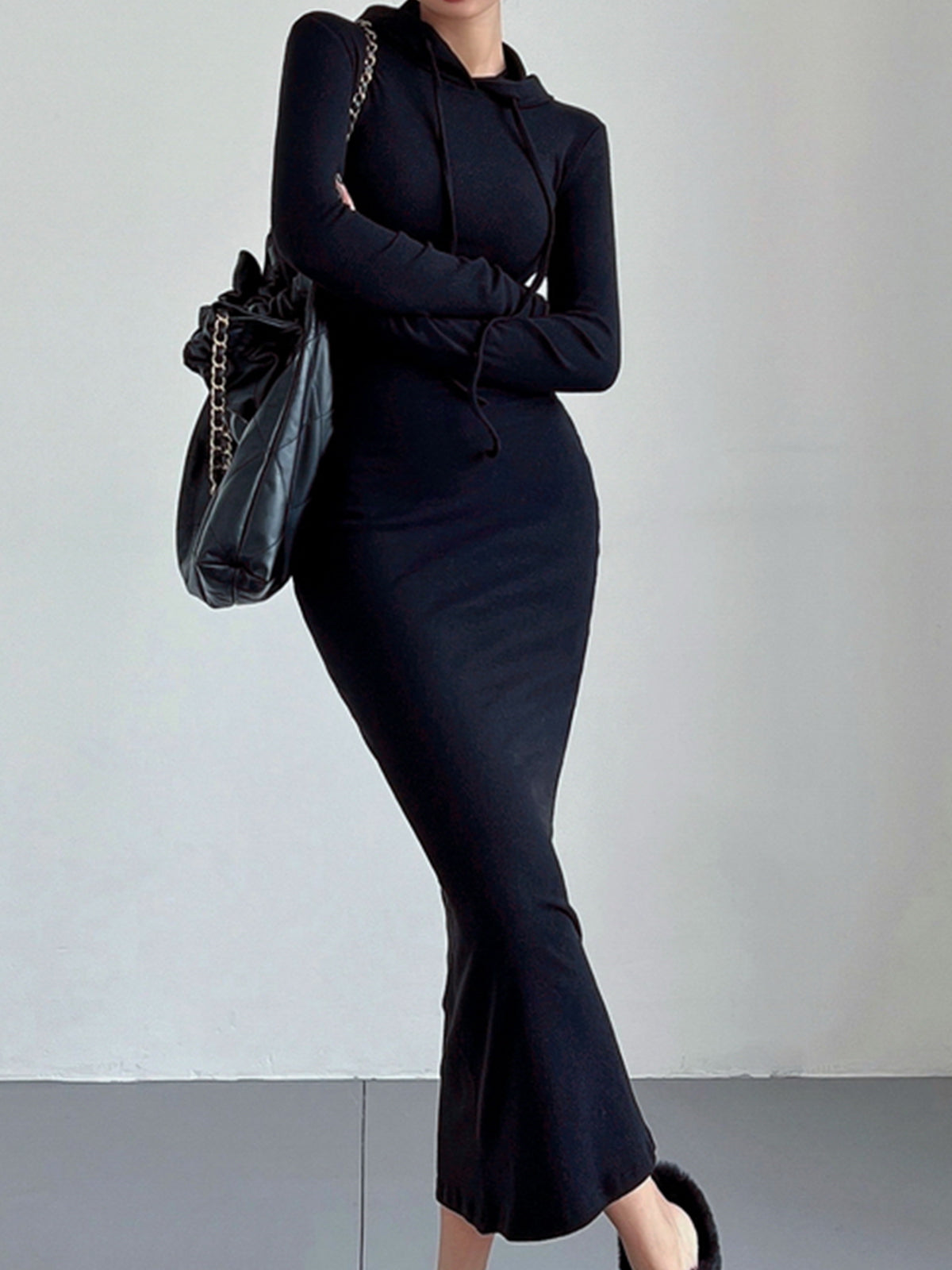 Comfortabele Elastische Winter Maxi Hoodiejurk Voor Dames Met Trekkoord