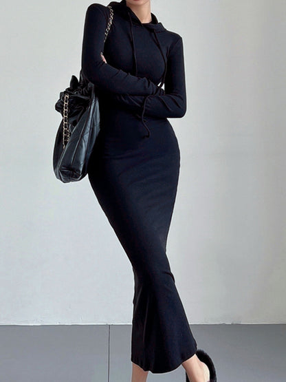 Comfortabele Elastische Winter Maxi Hoodiejurk Voor Dames Met Trekkoord