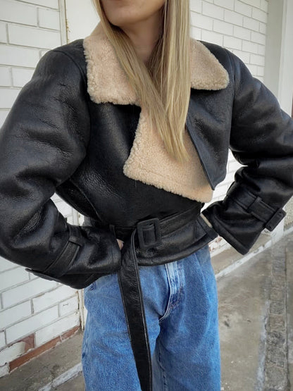Vrouwen Leren Winterjas Zachte Teddyvoering Kort Model