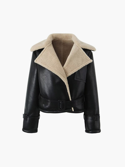 Vrouwen Leren Winterjas Zachte Teddyvoering Kort Model