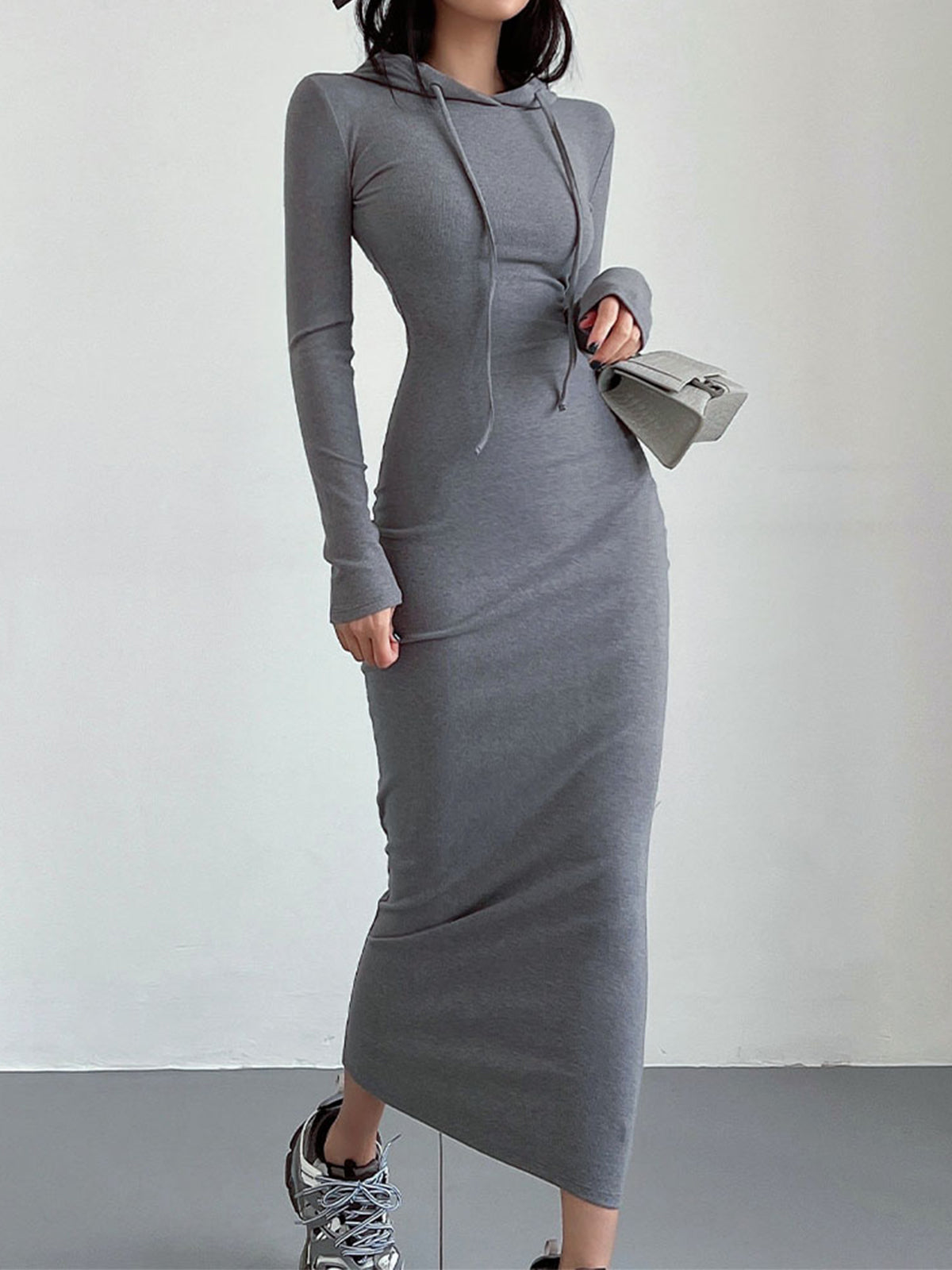 Comfortabele Elastische Winter Maxi Hoodiejurk Voor Dames Met Trekkoord