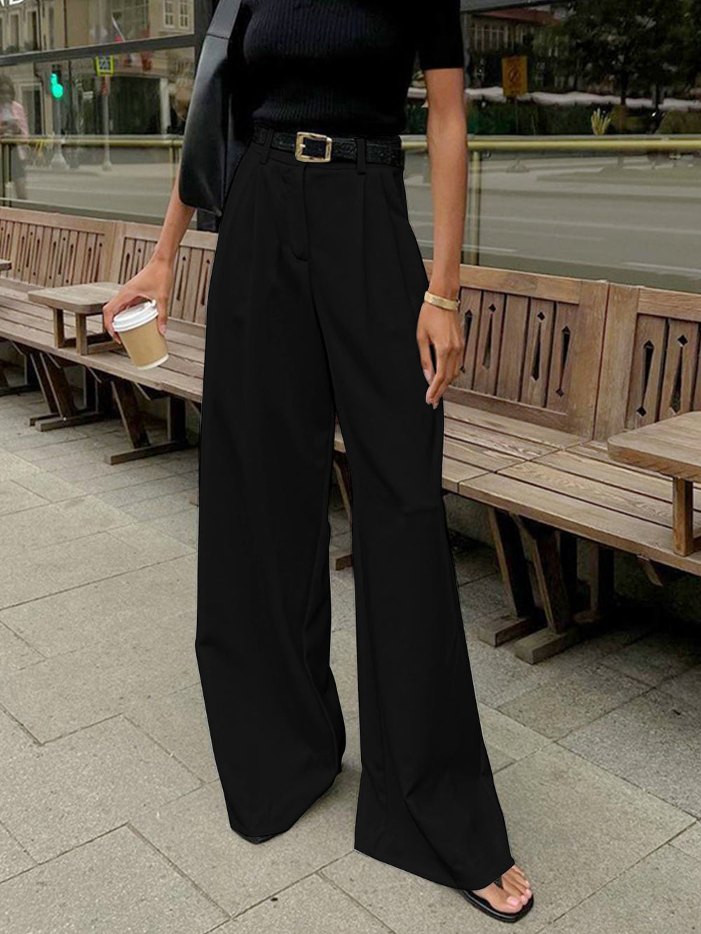 Women's High Waist Wide Leg Pants with Pleats and Straight Legs