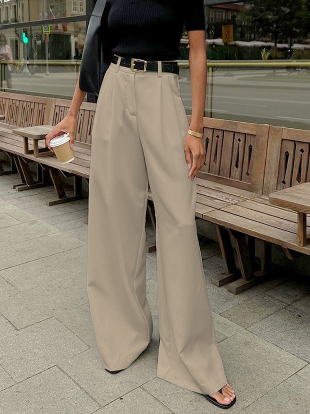 Women's High Waist Wide Leg Pants with Pleats and Straight Legs