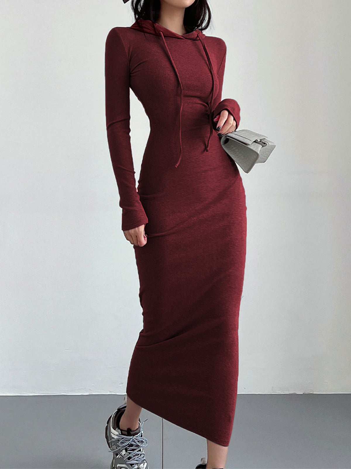 Comfortabele Elastische Winter Maxi Hoodiejurk Voor Dames Met Trekkoord