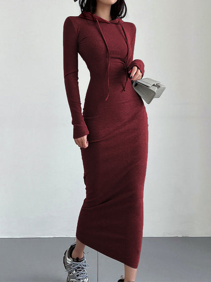 Comfortabele Elastische Winter Maxi Hoodiejurk Voor Dames Met Trekkoord