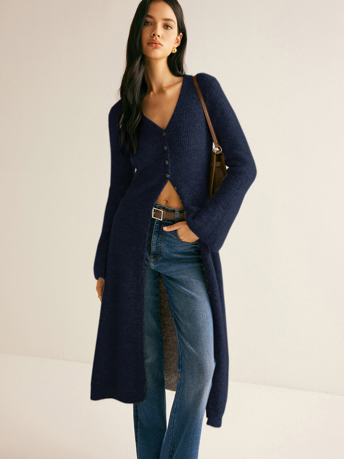 Stijlvolle Geribde Midi Sweaterjurk Voor Dames Met V-Hals En Knoopsluiting
