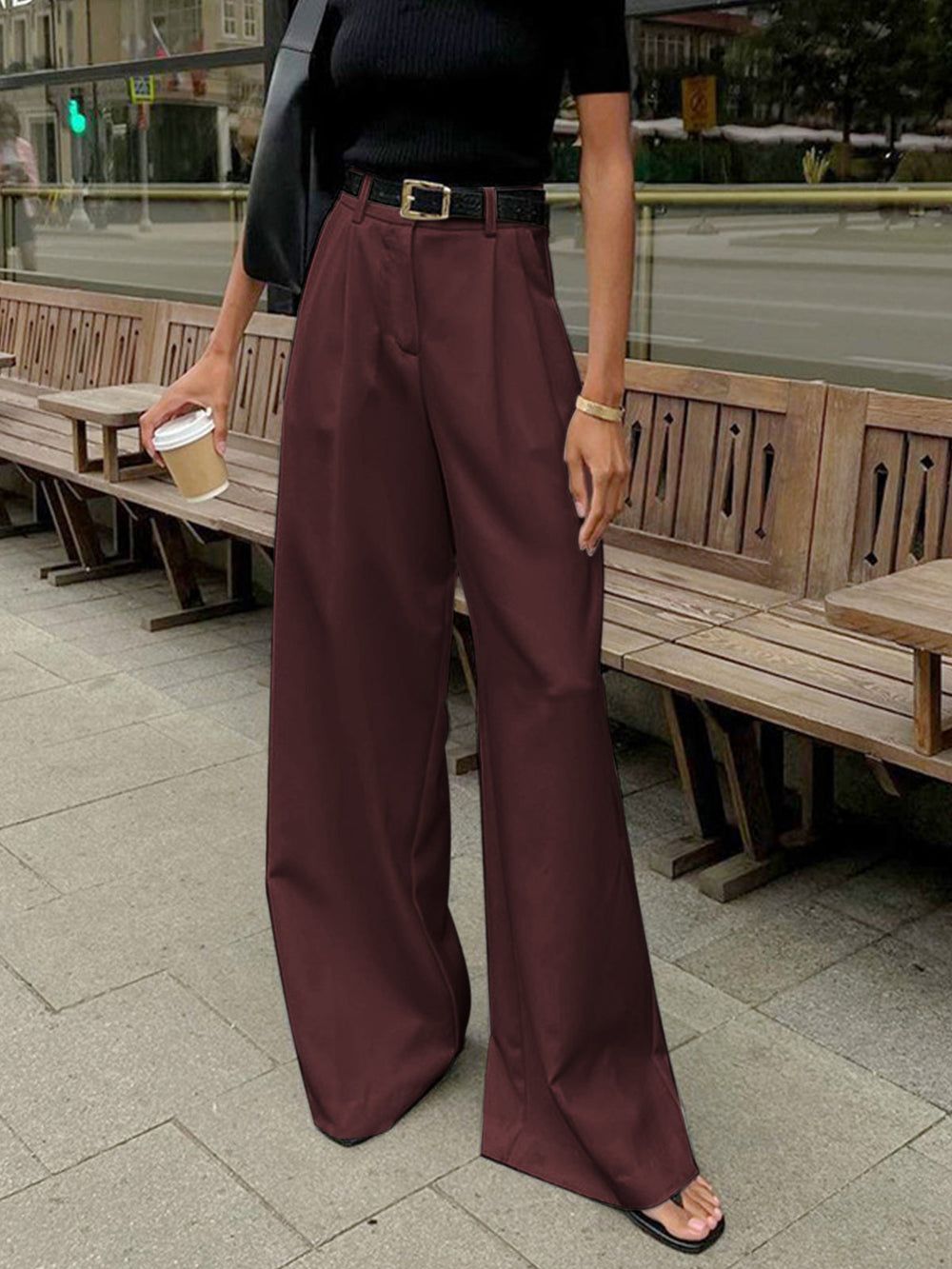 Women's High Waist Wide Leg Pants with Pleats and Straight Legs