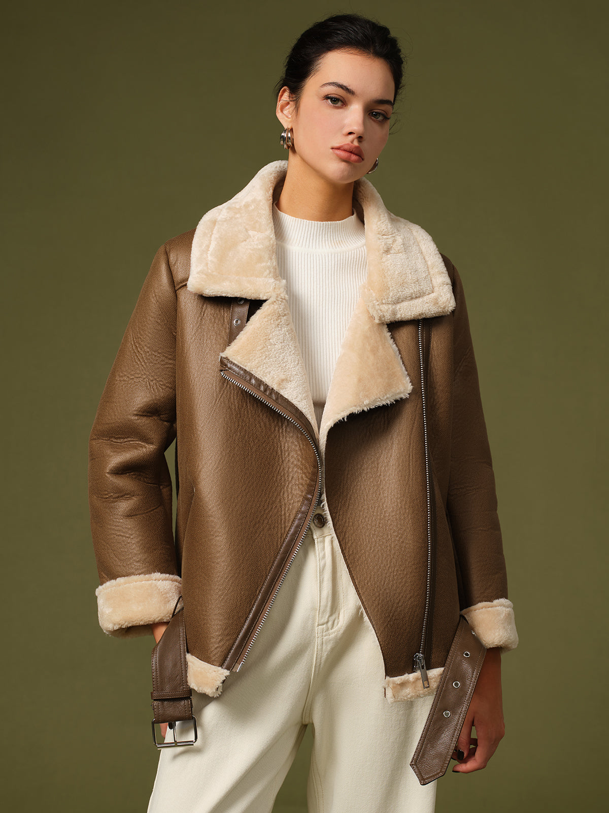 Leren Winterjas Zachte Teddyvoering Vrouwen