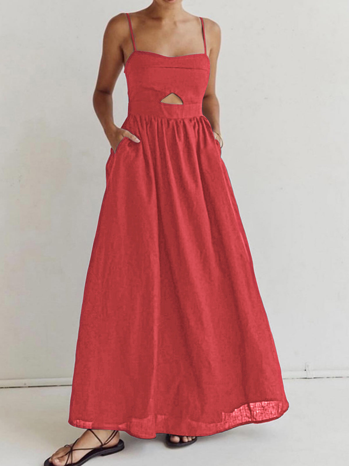 Airy Party Maxi Dress with Spaghetti Straps and Cut-Out Detail for Women