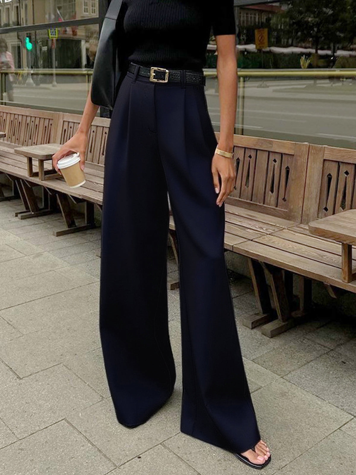 Dames high waist wide leg broek met plooien en rechte pijpen