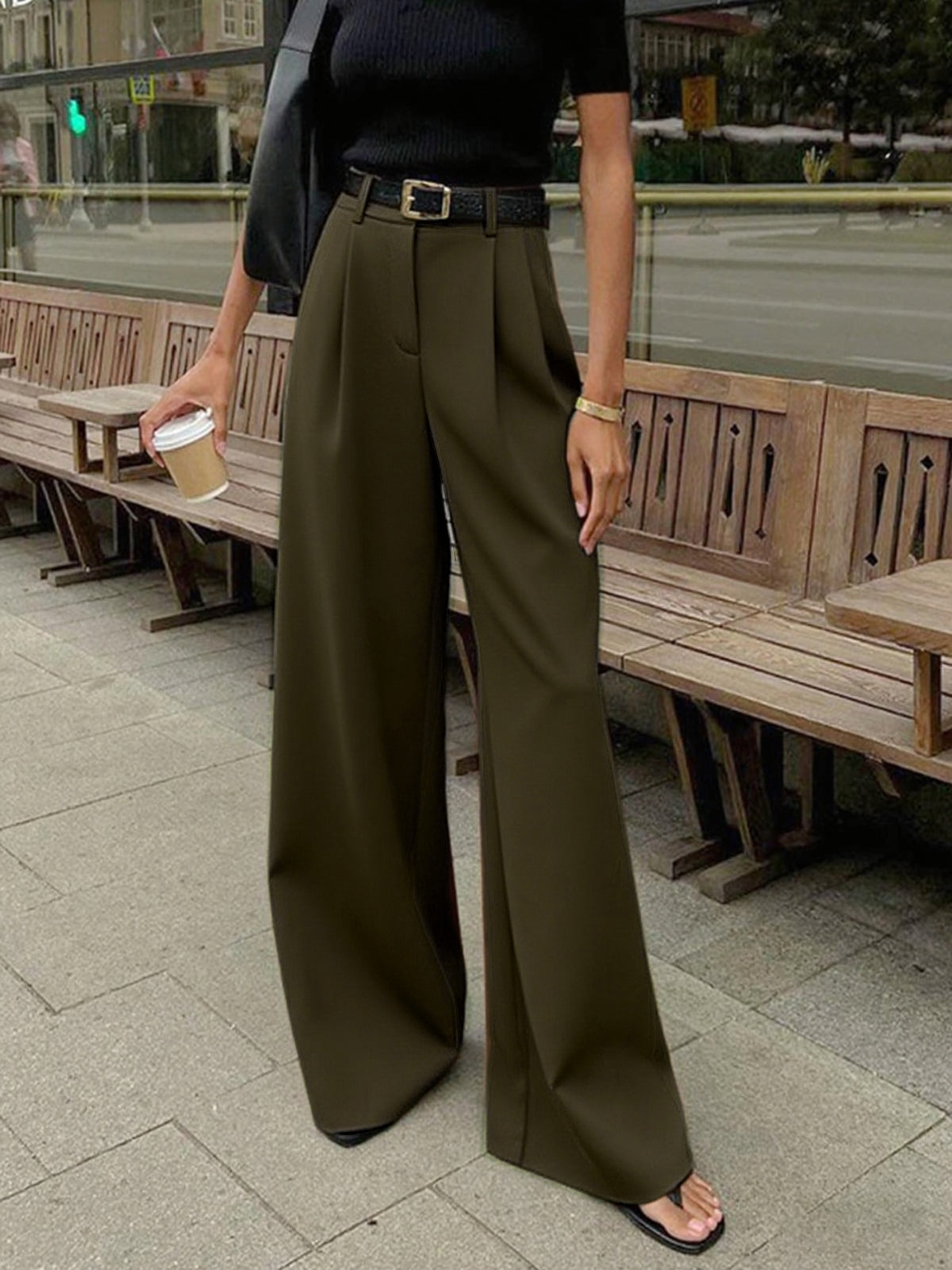 Dames high waist wide leg broek met plooien en rechte pijpen
