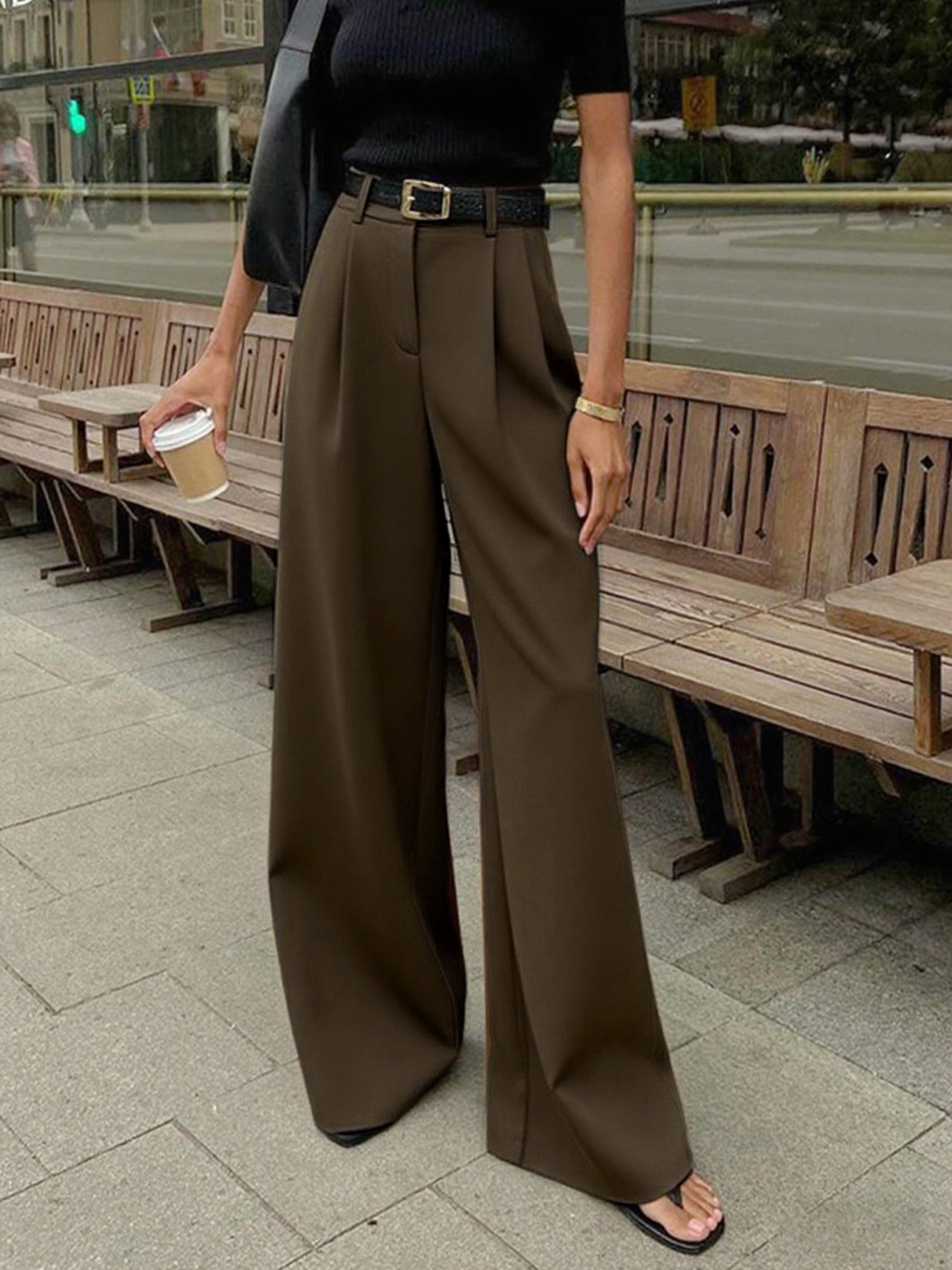 Dames high waist wide leg broek met plooien en rechte pijpen