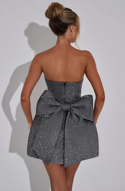 Zilveren Glitter Cocktailjurk Strapless Mini met Grote Strik voor Vrouwen