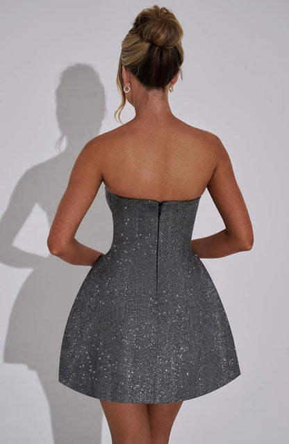 Zilveren Glitter Cocktailjurk Strapless Mini met Grote Strik voor Vrouwen