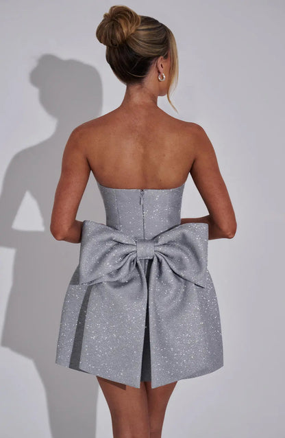 Zilveren Glitter Cocktailjurk Strapless Mini met Grote Strik voor Vrouwen