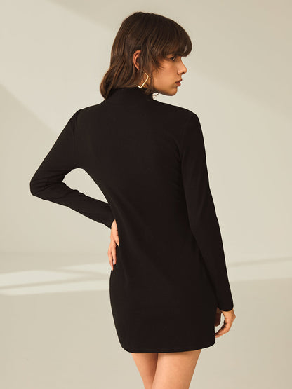 Trendy Dames Zwarte Geribde Sweaterjurk Met Split En Col