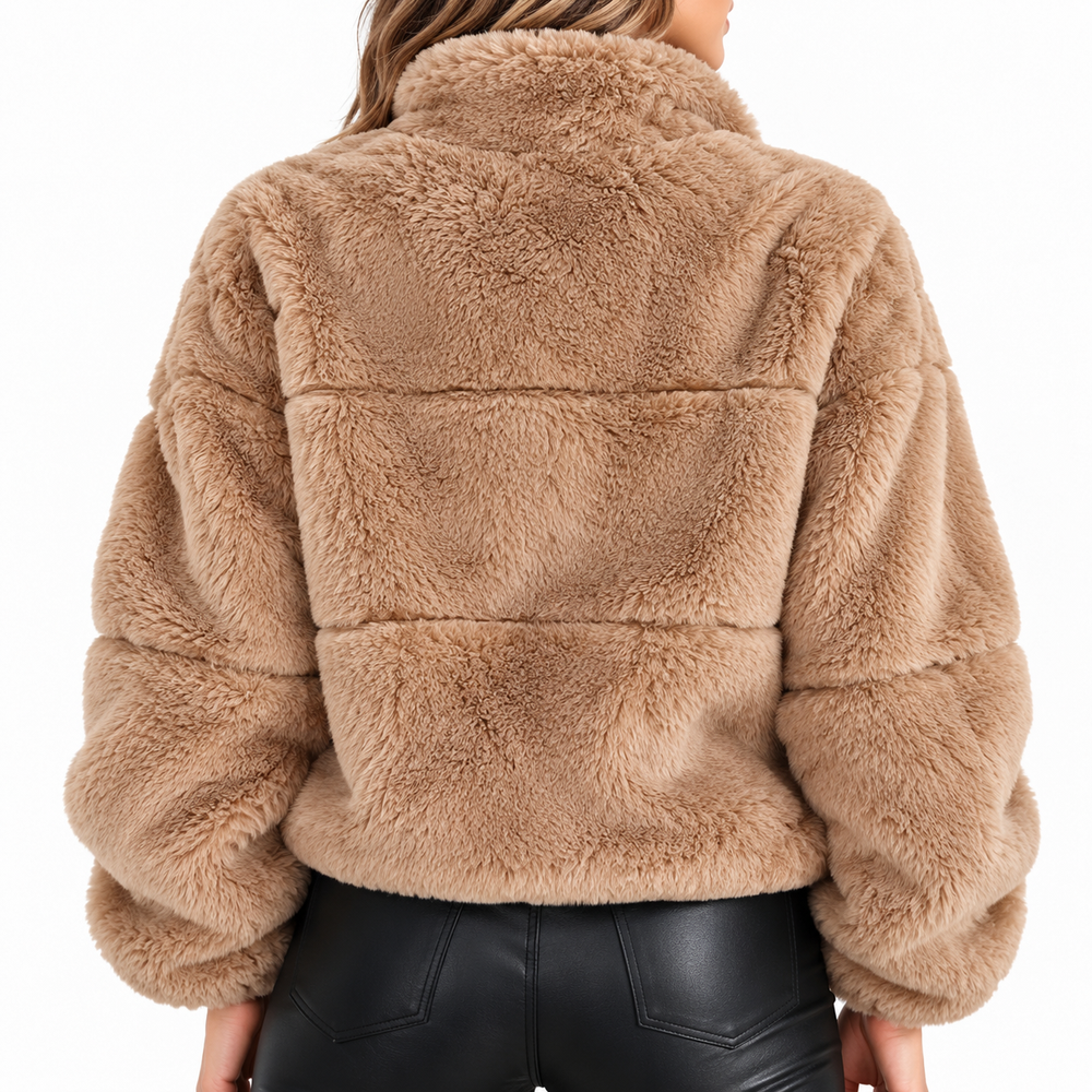 Damska Zimowa Kurtka Teddy Fleece z Zamkiem i Wysokim Kołnierzem