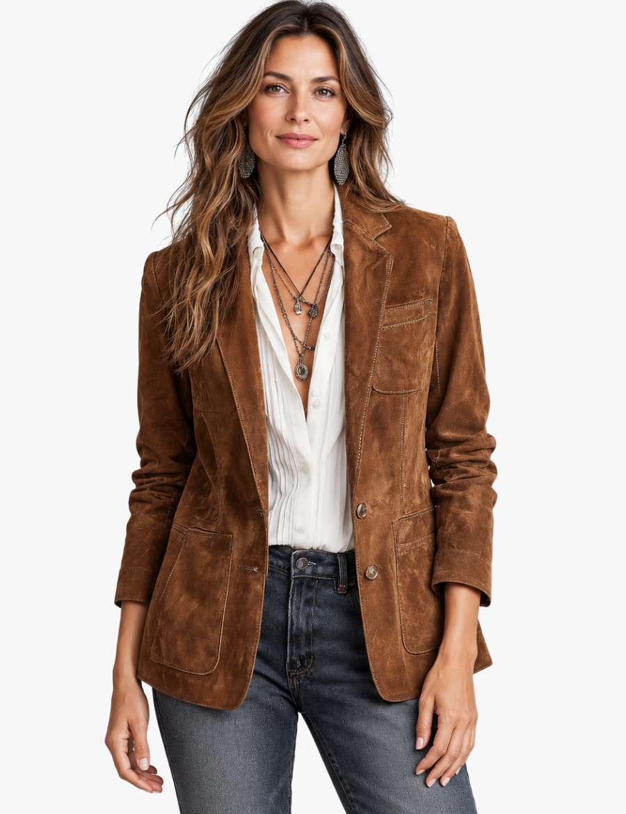 Dames Verfijnde Suède Blazer met Knoopsluiting en Revers