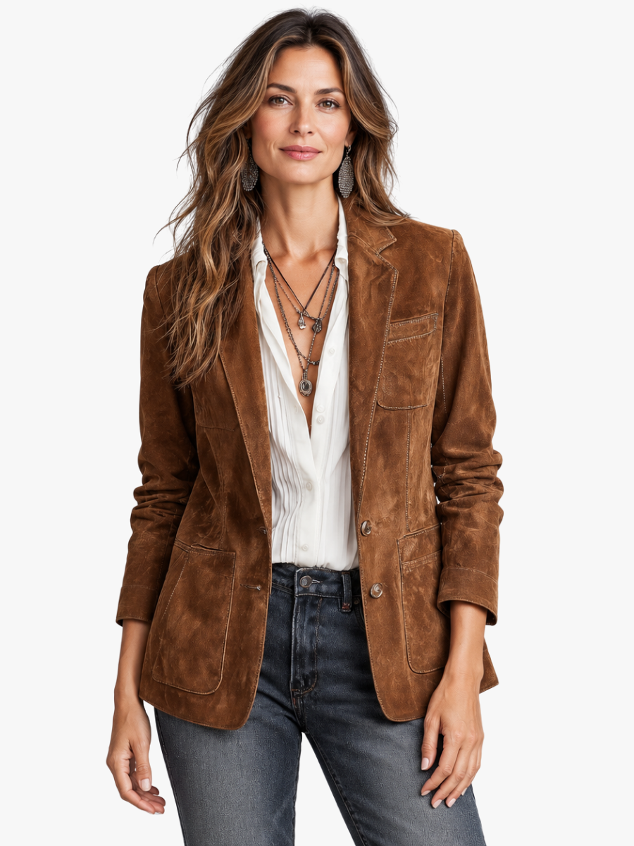 Dames Verfijnde Suède Blazer met Knoopsluiting en Revers