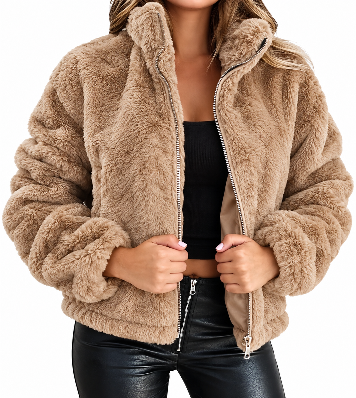 Damska Zimowa Kurtka Teddy Fleece z Zamkiem i Wysokim Kołnierzem