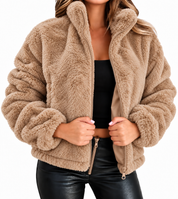 Women's Teddy Fleece Winter Jacket with Zipper and High Collar