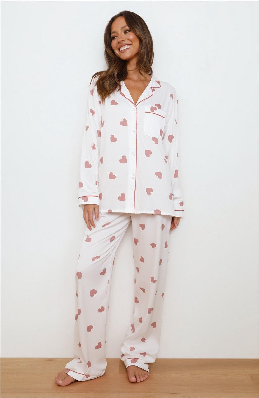 Dames Pyjama Set Lange Mouwen Broek Hartjes