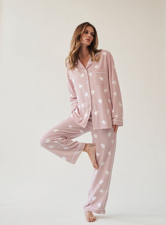 Dames Pyjama Set Lange Mouwen Broek Hartjes
