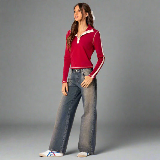 Lage Taille Wijde Pijpen Jeans Dames met Stretch