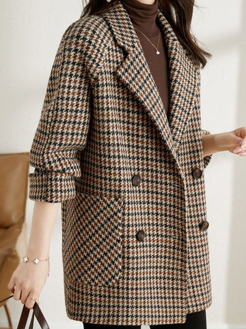 Bruine Elegante Geruite Winter Manteljas Dames