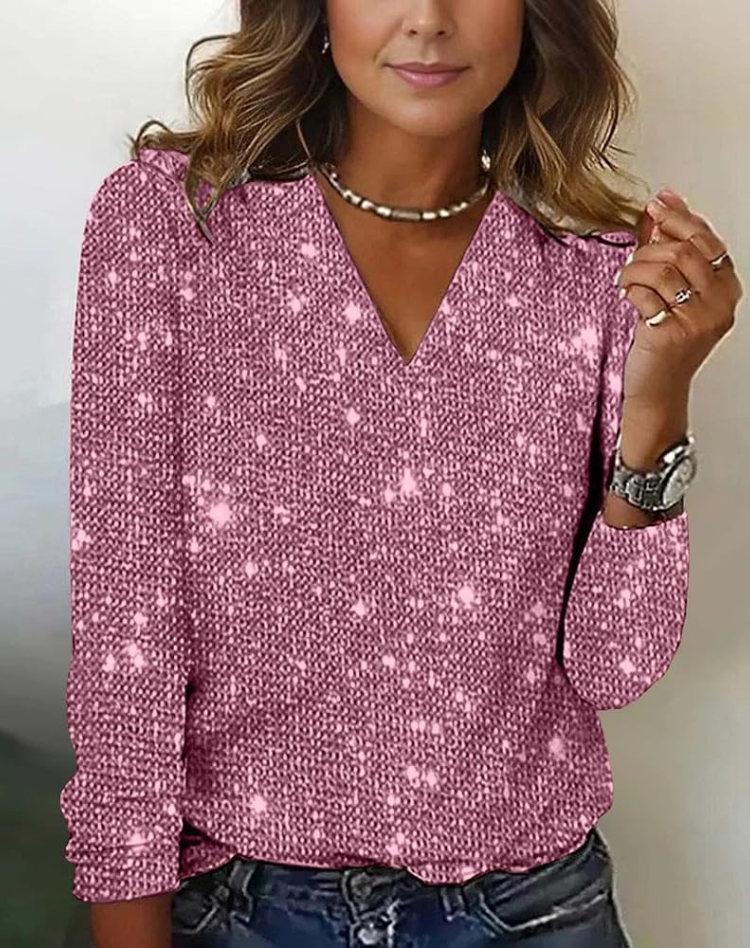 Glitter V-Hals Top met Lange Mouwen voor Vrouwen