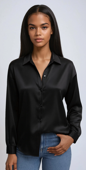 Satynowa, rozpinana bluzka damska o luźnym kroju z długimi rękawami